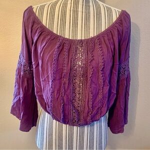 Cropped Peasant Top Large Charlotte Russe Plum Purple Crochet Lace Detail Rayon